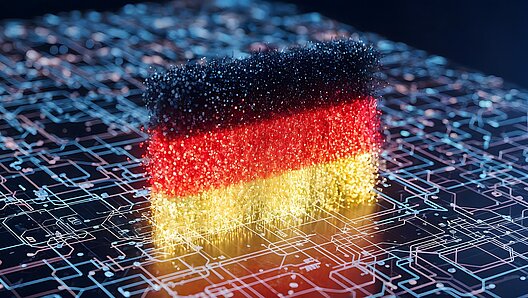 vbob aktuell Modernisierungsagenda - Klares Bekenntnis der Bundesregierung fehlt vbob aktuell Modernisierungsagenda - Klares Bekenntnis der Bundesregierung fehlt / Digitale deutsche Flagge mit leuchtenden Partikeln vor einem Hintergrund aus Leiterplatten